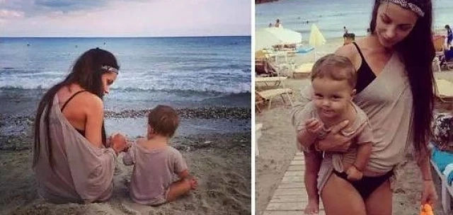 Диляна Попова със сина си на плажа 