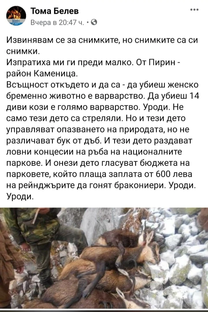 Тома Белев пуска съмнителни снимки за убити диви кози